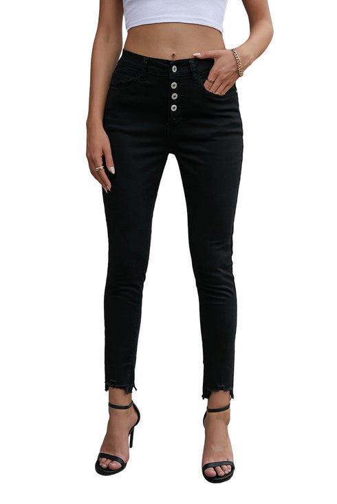 Plain High Waist Buttons Frayed Cropped Denim Jeans